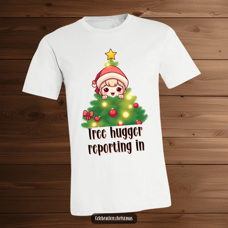 Funny kawaii character hiding behind a dazzling, illuminated Christmas tree, captured on a comfortable and humorous t-shirt.