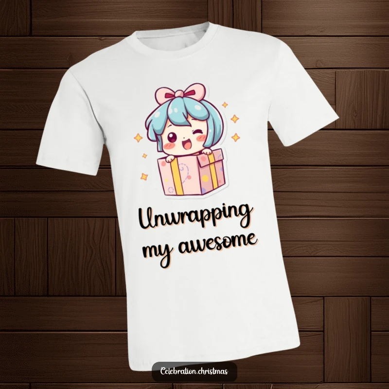 Funny t-shirt depicting a present character bursting open with an excited wiggle, radiating happiness and anticipation.