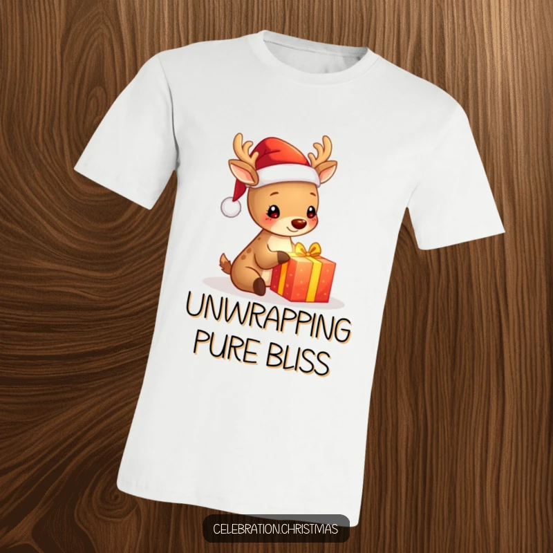 Funny t-shirt with a cute deer in a Santa hat joyfully unwrapping a brightly glowing gift, embodying the magic of Christmas.