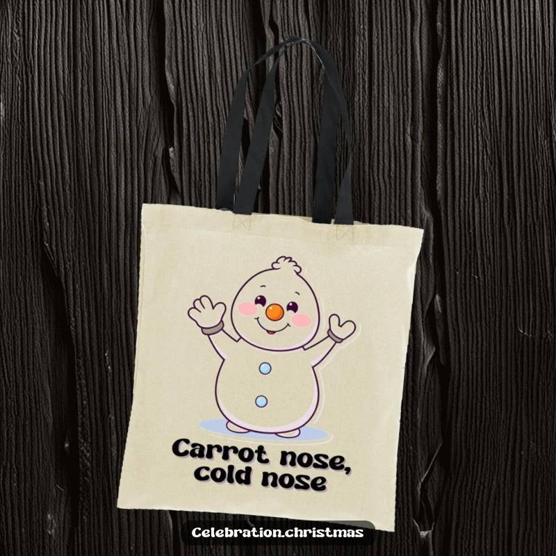 Funny tote bag featuring a happy snowman with a carrot nose waving, ideal for carrying groceries or holiday gifts.