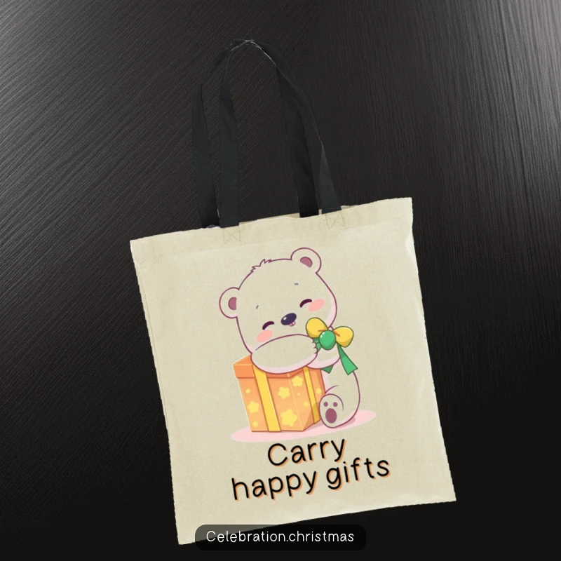 Funny kawaii polar bear tote bag featuring a joyful character hugging a glowing present, great for carrying items with happiness.
