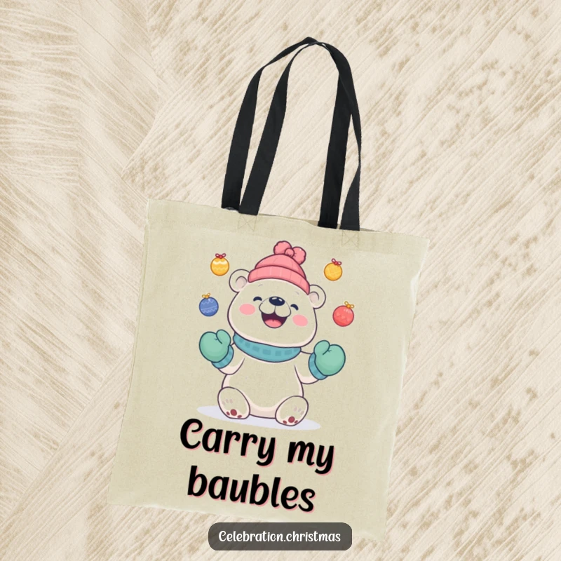 Funny Cute polar bear tote bag featuring a bear in mittens juggling colourful baubles, ideal for errands.