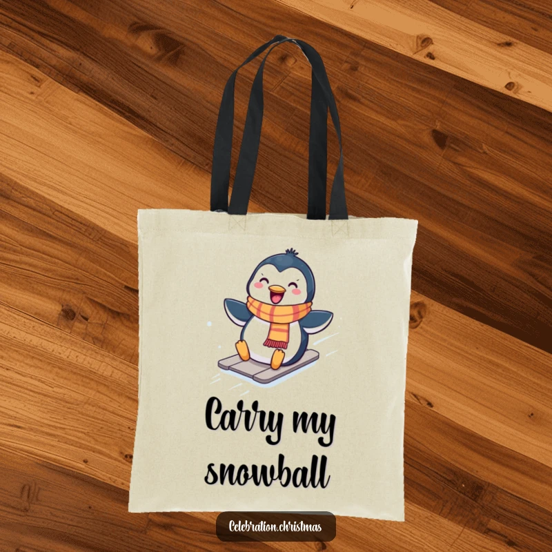 Funny Kawaii penguin tote bag featuring a cute penguin in a scarf sliding down a snowy hill, ideal for shopping.