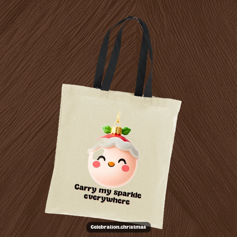 Funny cute Christmas ornament tote bag showcasing a cheerful, sparkling face, perfect for shopping and a delightful funny gift.