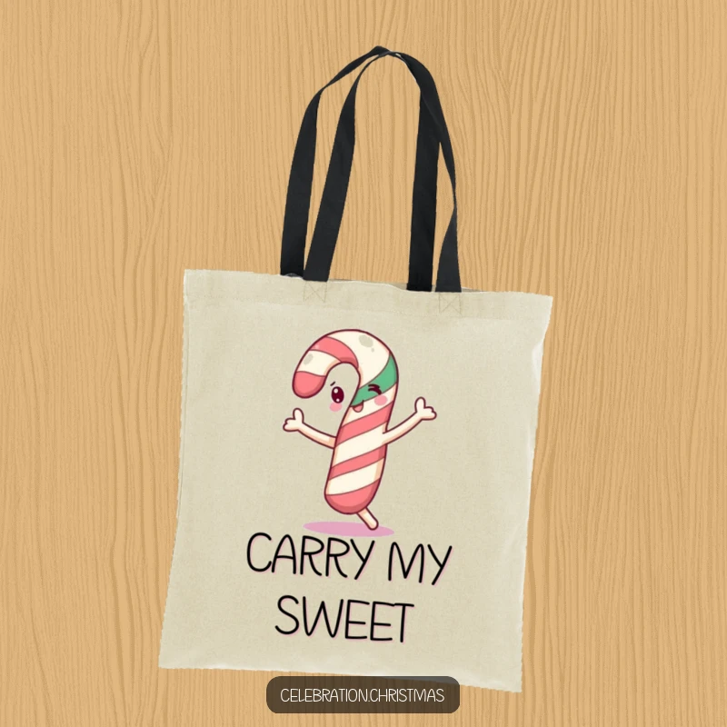 Funny cheerful candy cane tote bag doing a little dance, great for shopping and a funny gift.
