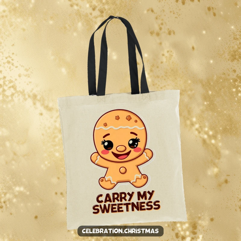 Funny tote bag featuring a gingerbread man character with a wide, happy cookie grin, perfect for carrying holiday goodies.
