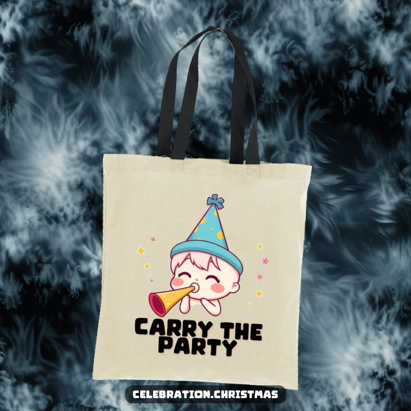 Funny party horn tote bag featuring a character in a festive hat blowing a horn, perfect for carrying items with a celebratory flair.
