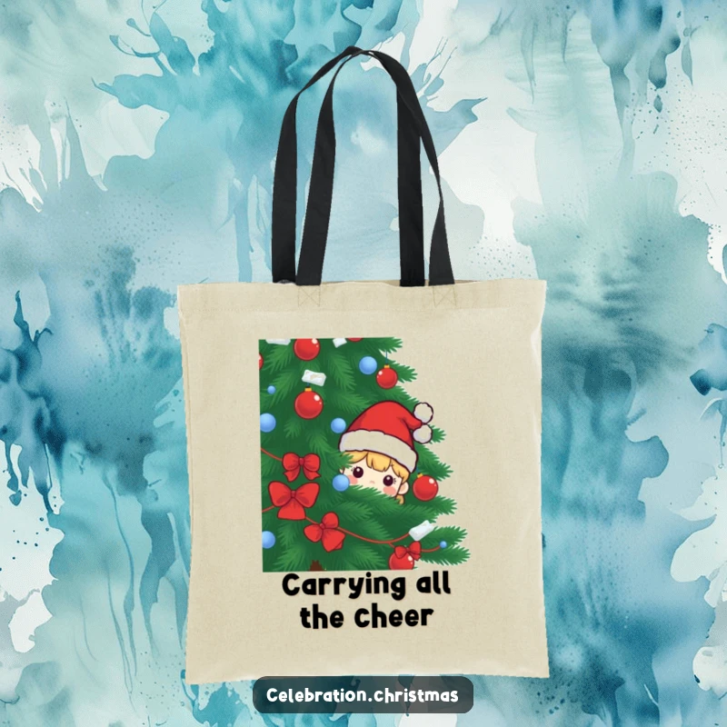 Funny tote bag featuring a Santa hat character peeking from behind a Christmas tree, ideal for holiday shopping and everyday use.