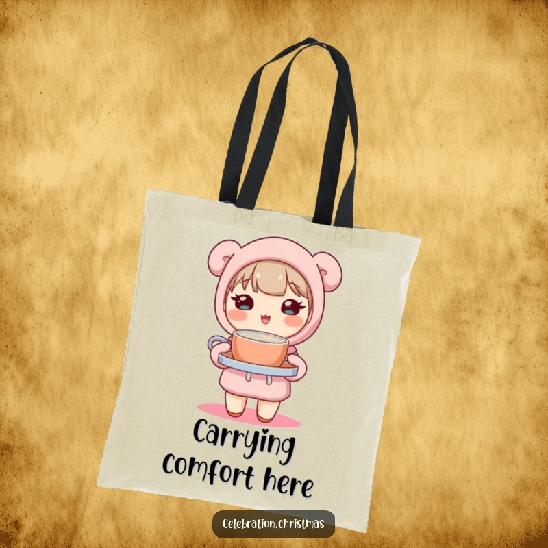 Funny tote bag with a cute kawaii character holding a tray of steaming hot cocoa, perfect for carrying essentials with charm.