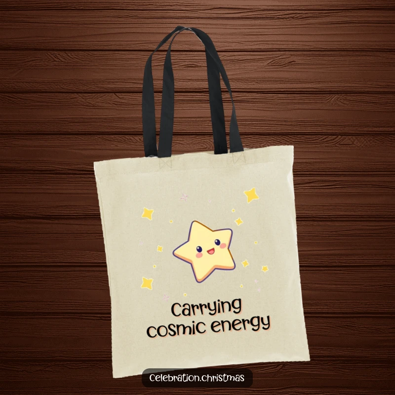 Funny tote bag featuring a twinkling star character doing a celebratory dive through the air, great for daily use.