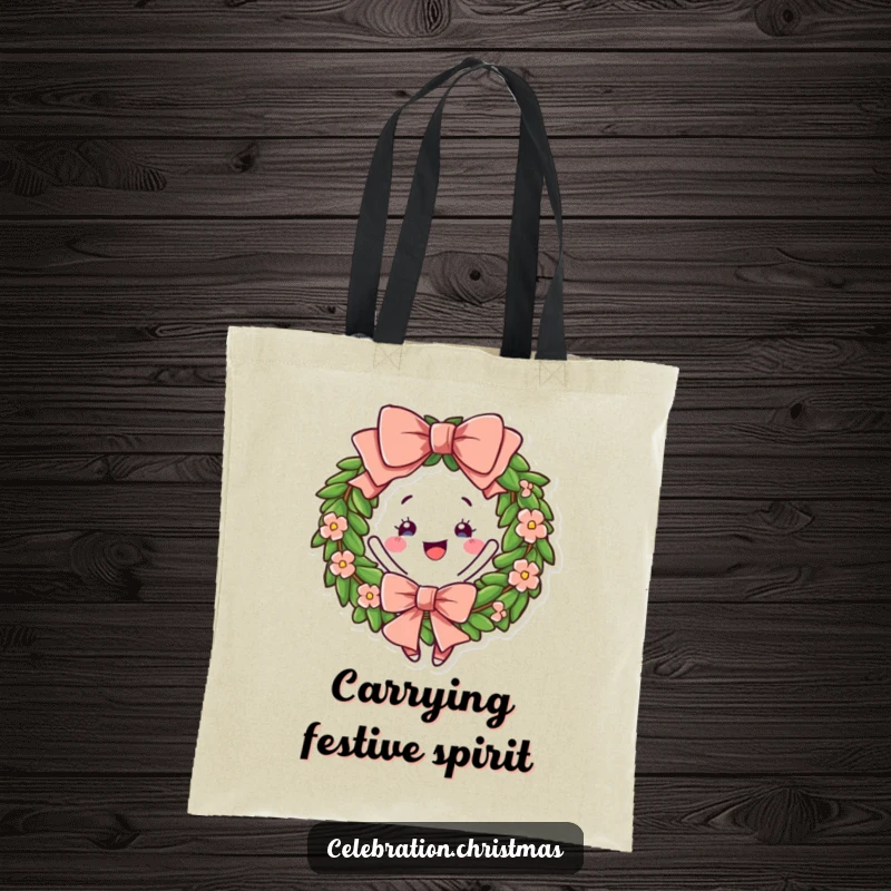 Funny Wreath Tote Bag with a cheerful bow, shown twirling merrily, perfect for holiday shopping and cheer.