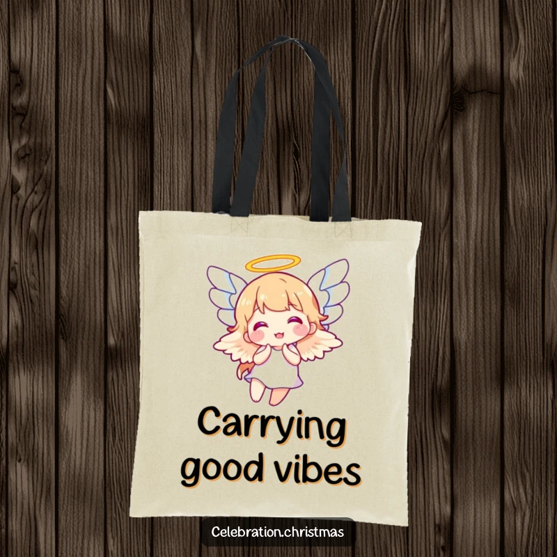 Funny tote bag featuring a blissful angel with wings flapping joyfully, perfect for carrying daily items with a smile, funny gift.