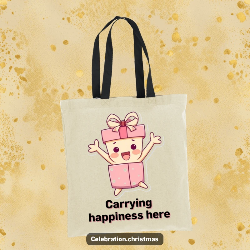 Funny tote bag featuring a gift box character jumping with excitement, its ribbon askew, symbolizing celebration and lively energy.