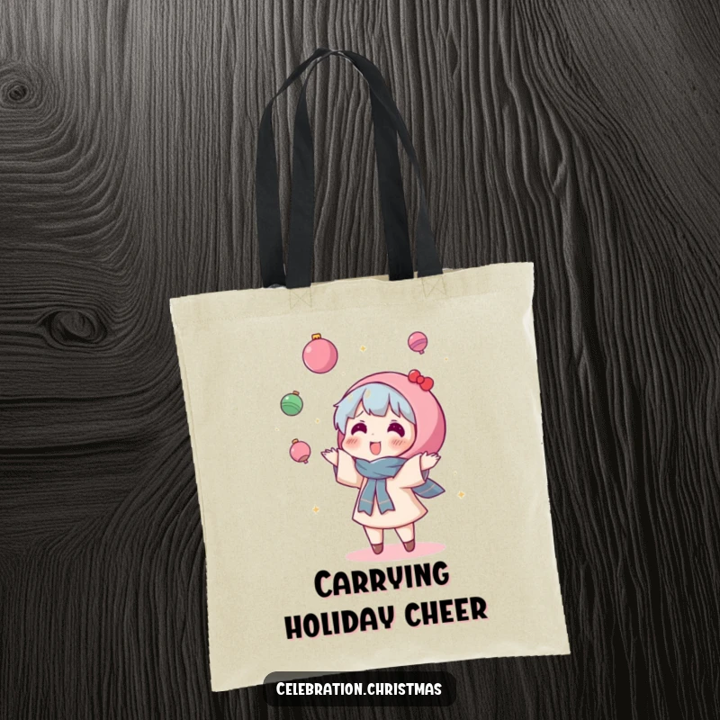 Funny Kawaii Character Tote Bag: A cute character joyfully tosses sparkly ornaments with wild abandon, perfect for holiday shopping.