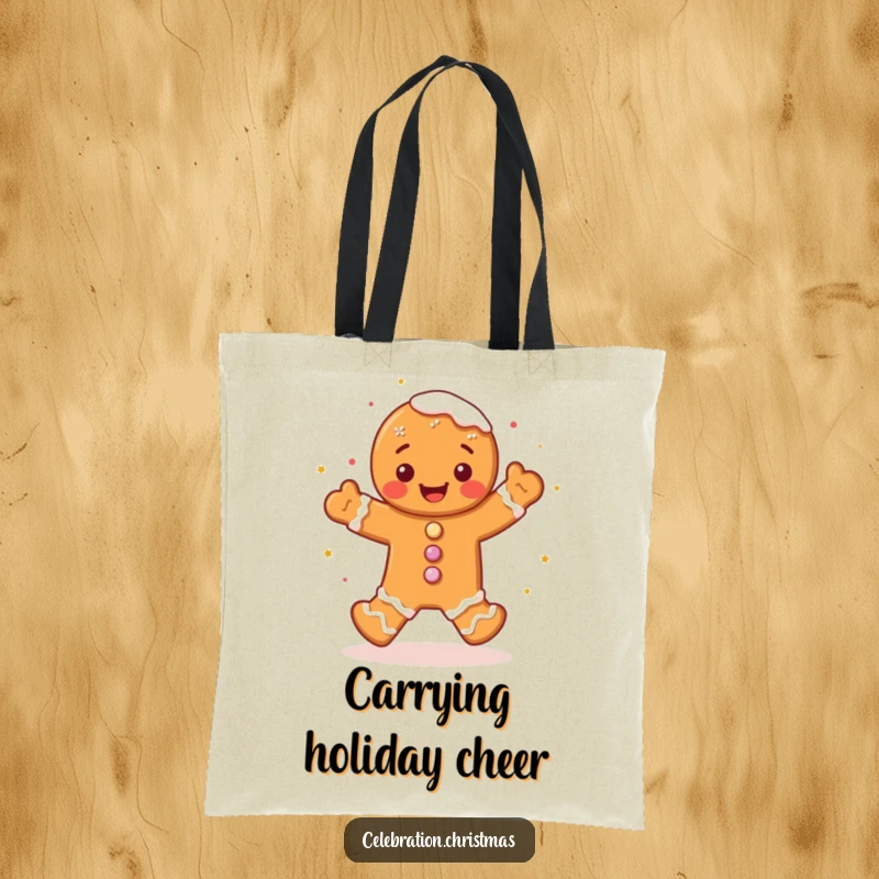 Funny gingerbread man tote bag with a cute character doing a joyful jig and scattering sprinkles, a festive and humorous accessory.