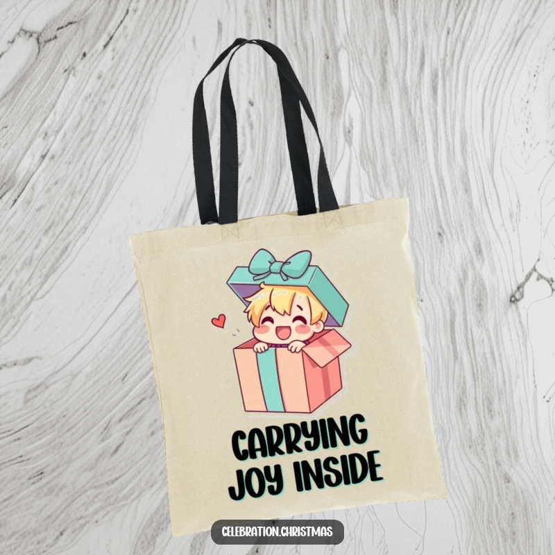 Funny tote bag decorated with a gift box character joyfully bursting open, revealing a cheerful surprise, perfect for everyday use and fun.