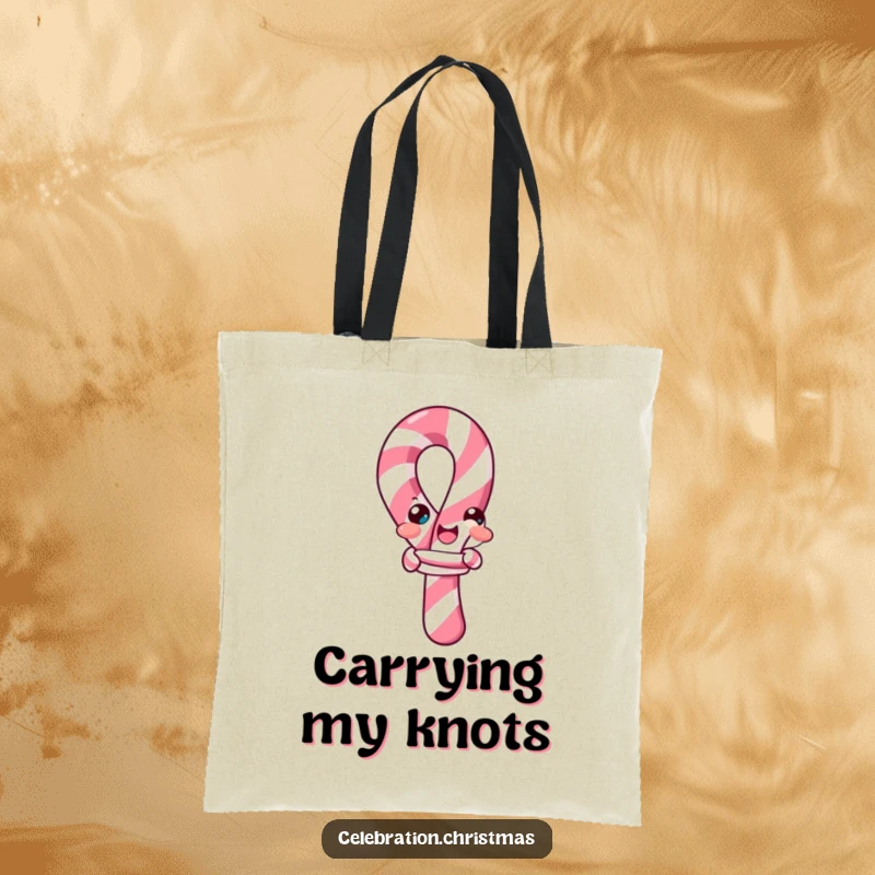 Funny candy cane tote bag, depicting a candy cane comically trying to tie itself into a knot, ideal for carrying treats.