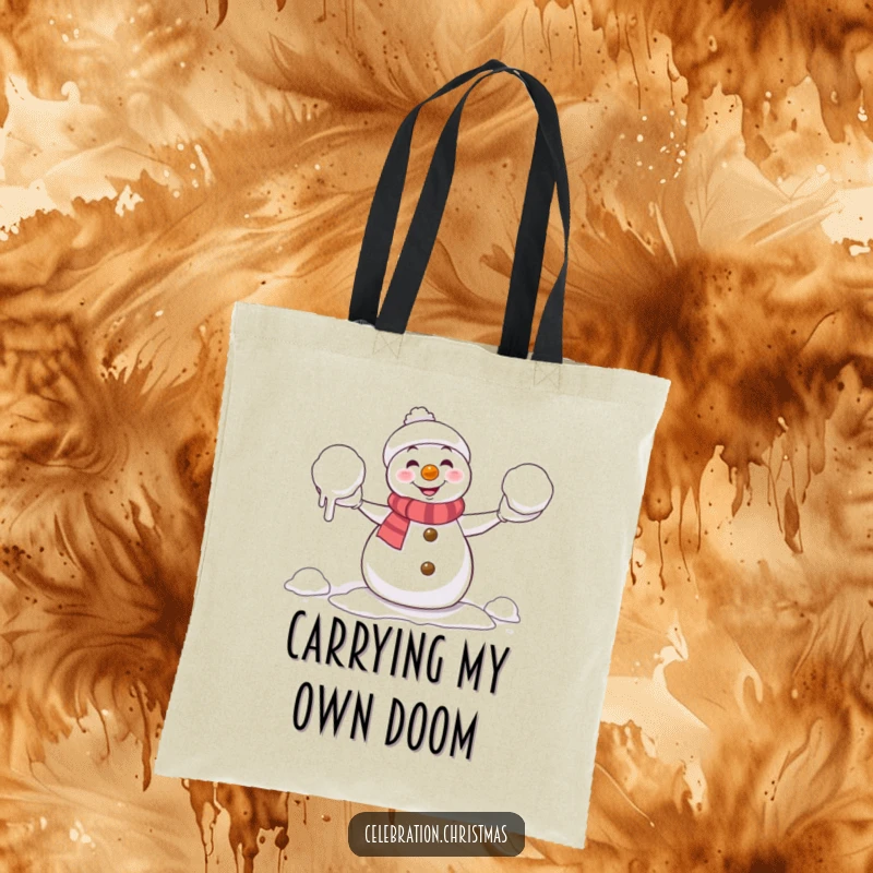 Funny Tote Bag: Comical snowman struggling to juggle melting snowballs, a humorous and practical accessory for winter outings.