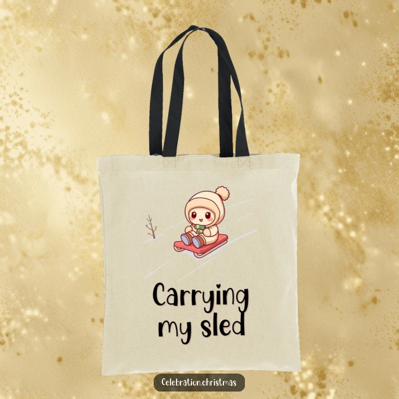 Funny kawaii character sledding down a snowy hill with pure joy, illustrated on a durable and humorous tote bag.