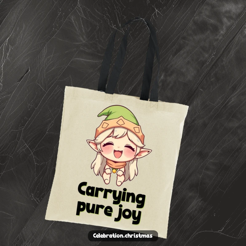 Funny tote bag featuring a character in an elf hat, laughing out loud with infectious joy, ideal for carrying essentials with humor.