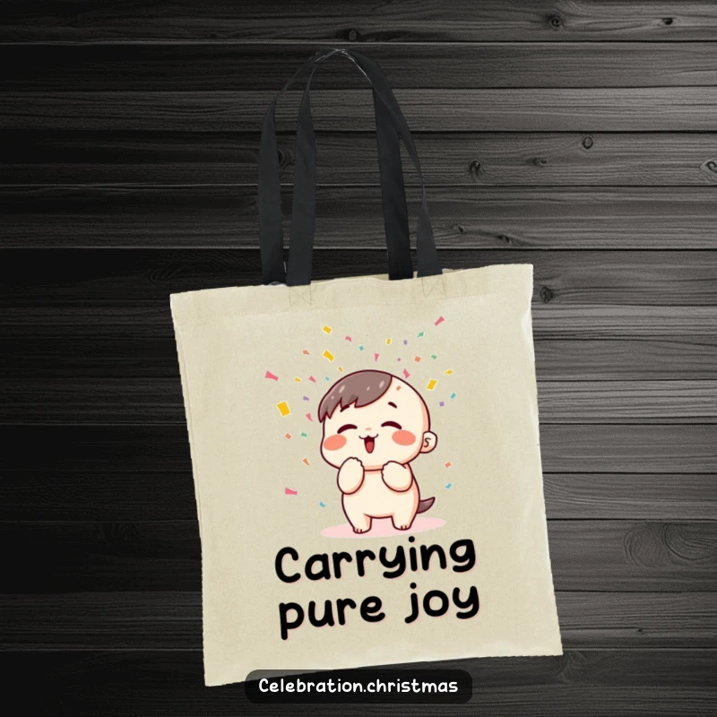 Funny kawaii character blowing colorful confetti with gusto, illustrated on a stylish and humorous tote bag.