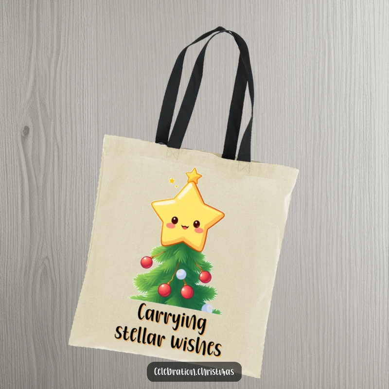 Funny kawaii star topper tote bag, a cute star character twinkling brightly on top of a festive Christmas tree, ideal for carrying.