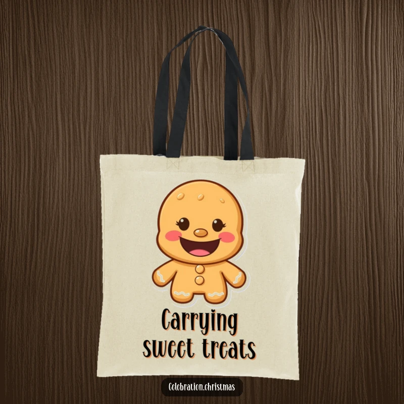 Funny Gingerbread Man Tote Bag with a wide, happy cookie grin, perfect for daily use and spreading smiles.