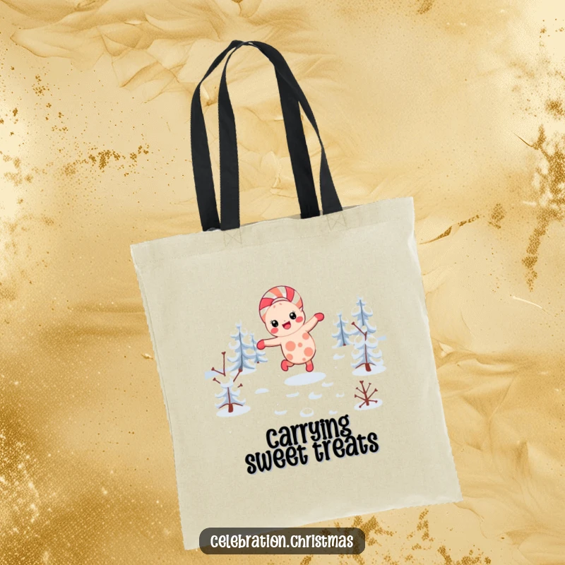 Funny kawaii candy cane tote bag featuring a character doing a cartwheel, perfect for carrying festive items with style.