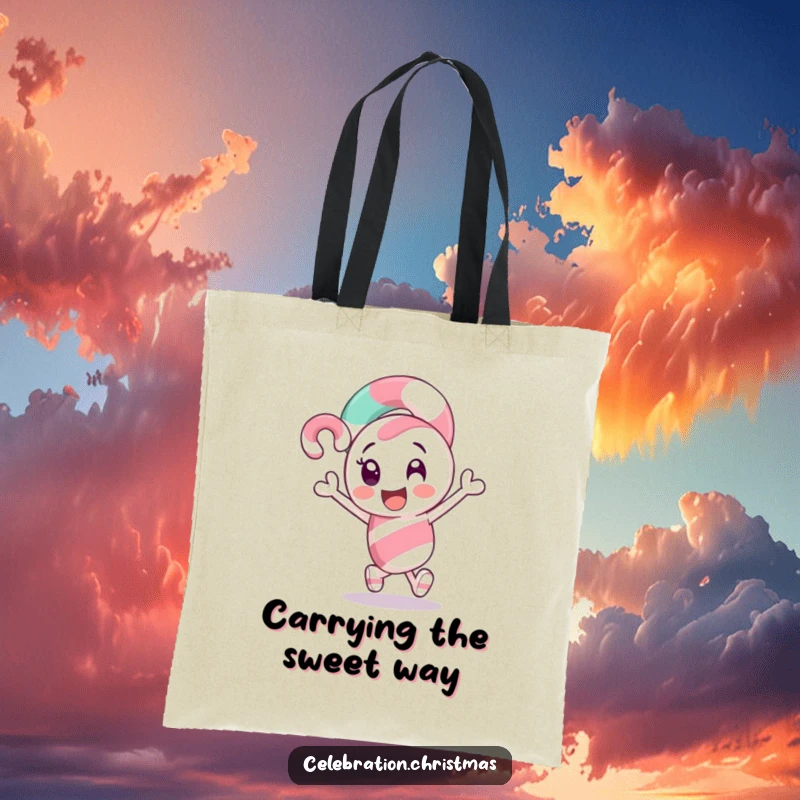 Funny Candy Cane Tote Bag: A sweet candy cane character excitedly leading the way, perfect for shopping.