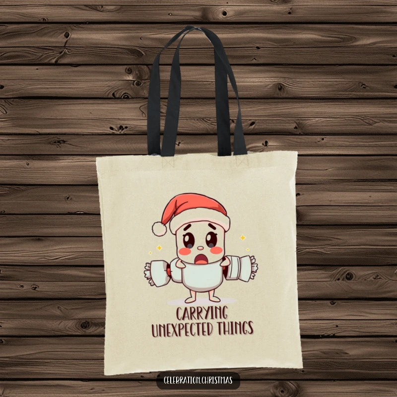 Funny tote bag featuring a Christmas cracker character pulling itself apart with a surprised look, great for holiday shopping.