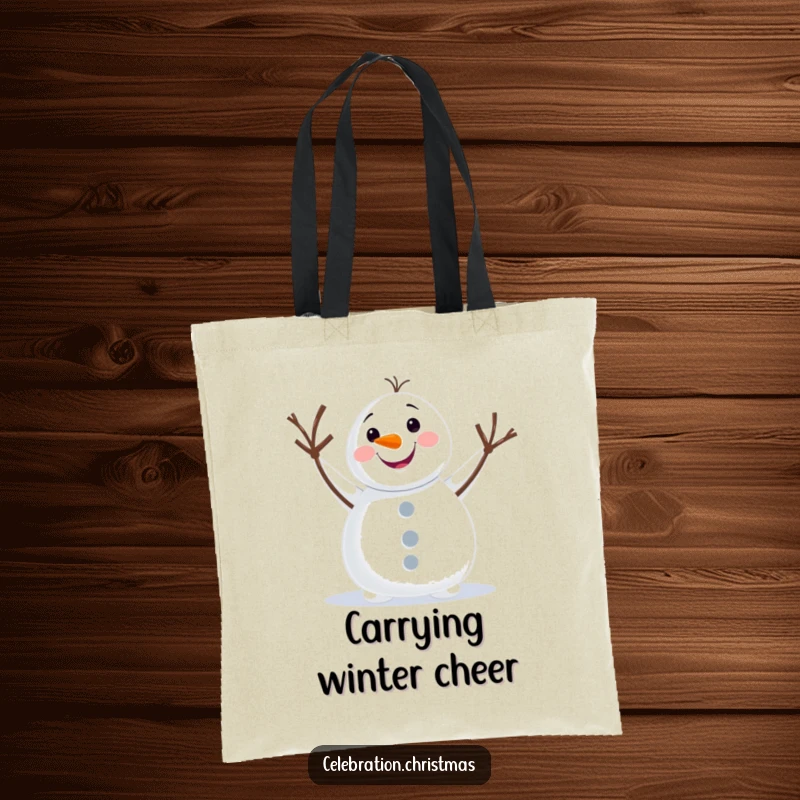 Funny snowman tote bag with a happy character enthusiastically waving, great for groceries and spreading cheerful vibes.