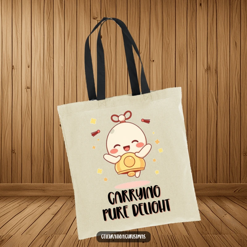 Funny Bell Character Tote Bag: A festive bell character jingling with pure, unadulterated delight, perfect for errands.