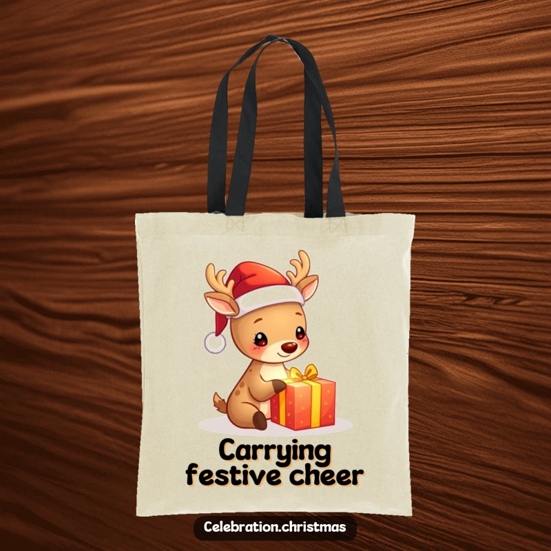 Funny tote bag with a cute deer in a Santa hat happily unwrapping a glowing gift, showcasing festive spirit and adorable design.