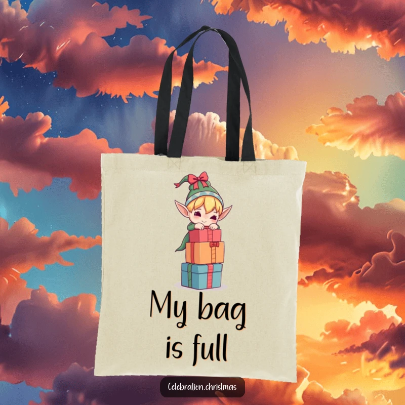 Funny elf tote bag with a character struggling to balance a tall stack of presents, a humorous and practical accessory for holiday errands.