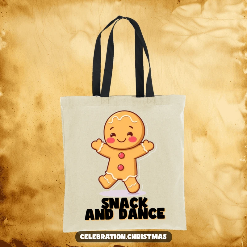 Funny gingerbread man tote bag featuring a character in a lively jig, ideal for carrying groceries or treasures with a smile.