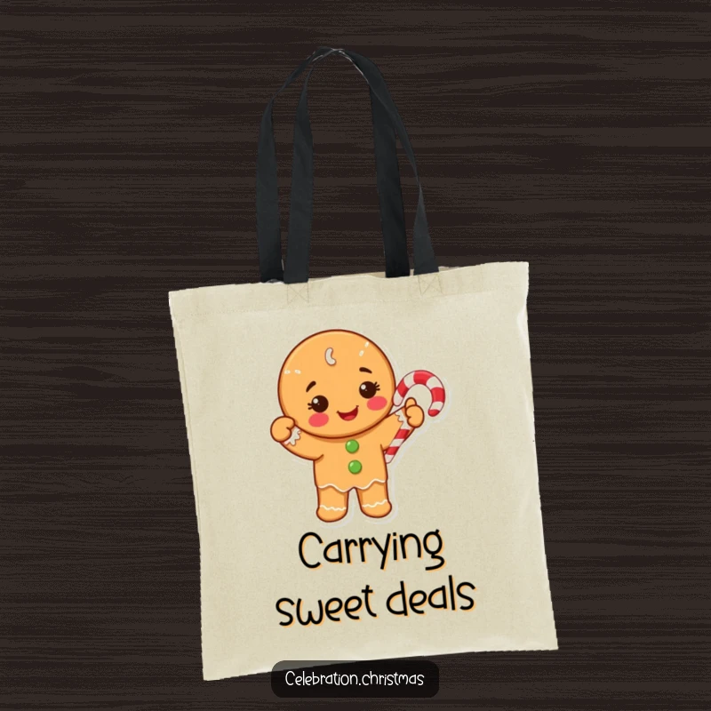 Funny Tote Bag showcasing a happy gingerbread cookie character waving a festive candy cane, perfect for holiday shopping.