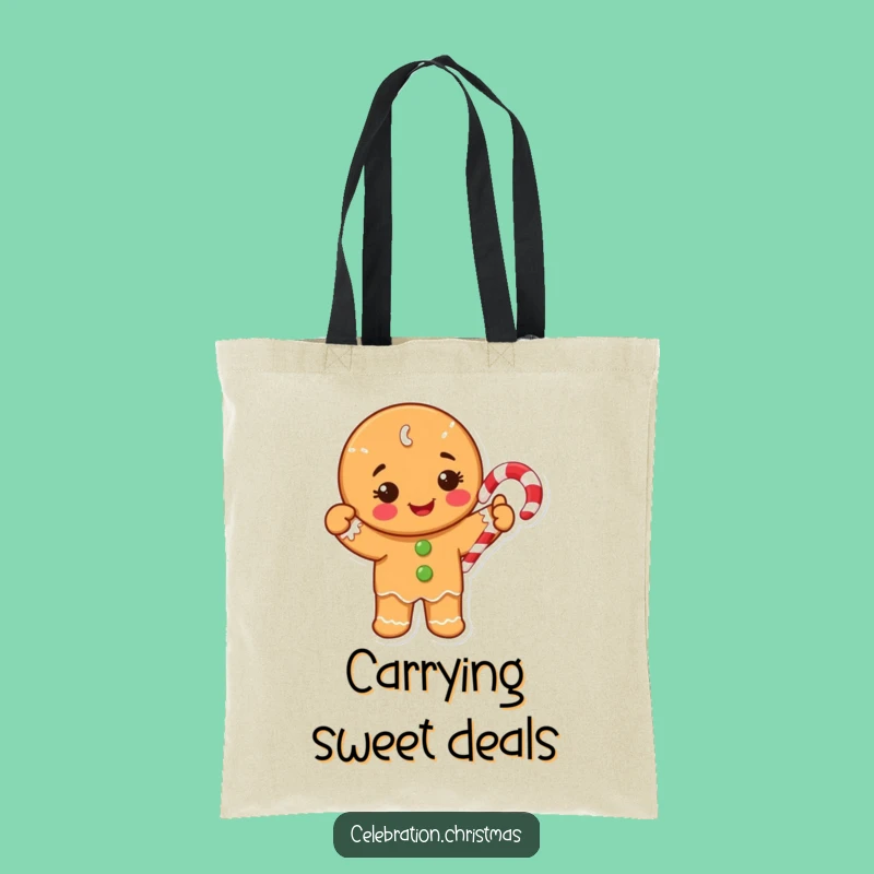 Funny Gingerbread Tote Bag: Happy Cookie Waving Candy Cane Shopping Fun