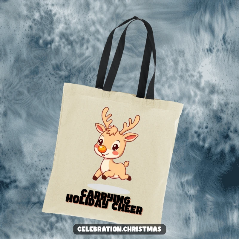 Funny tote bag featuring a reindeer with a glowing nose, prancing happily, ideal for holiday shopping or daily use.