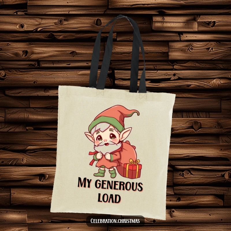 Funny Jolly Elf Tote Bag: A cheerful elf with pointed ears carrying a sack overflowing with gifts, a practical yet amusing holiday accessory.