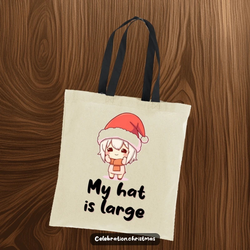 Funny Kawaii Character Tote Bag: A cute character comically attempts to wear a giant festive hat, perfect for holiday shopping.