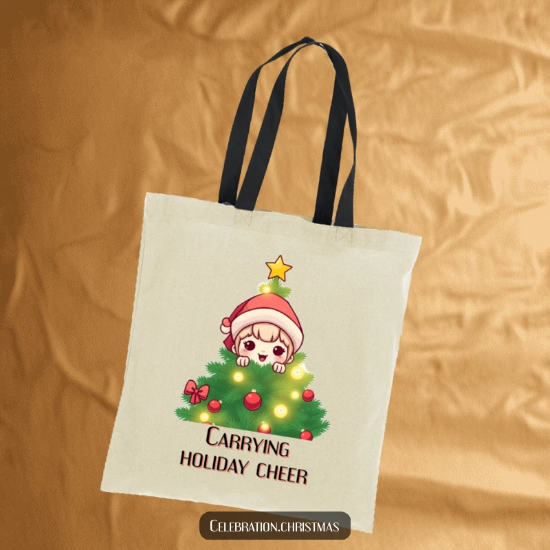 Funny kawaii character peeking out from behind a dazzling Christmas tree, perfect for a stylish and humorous tote bag.