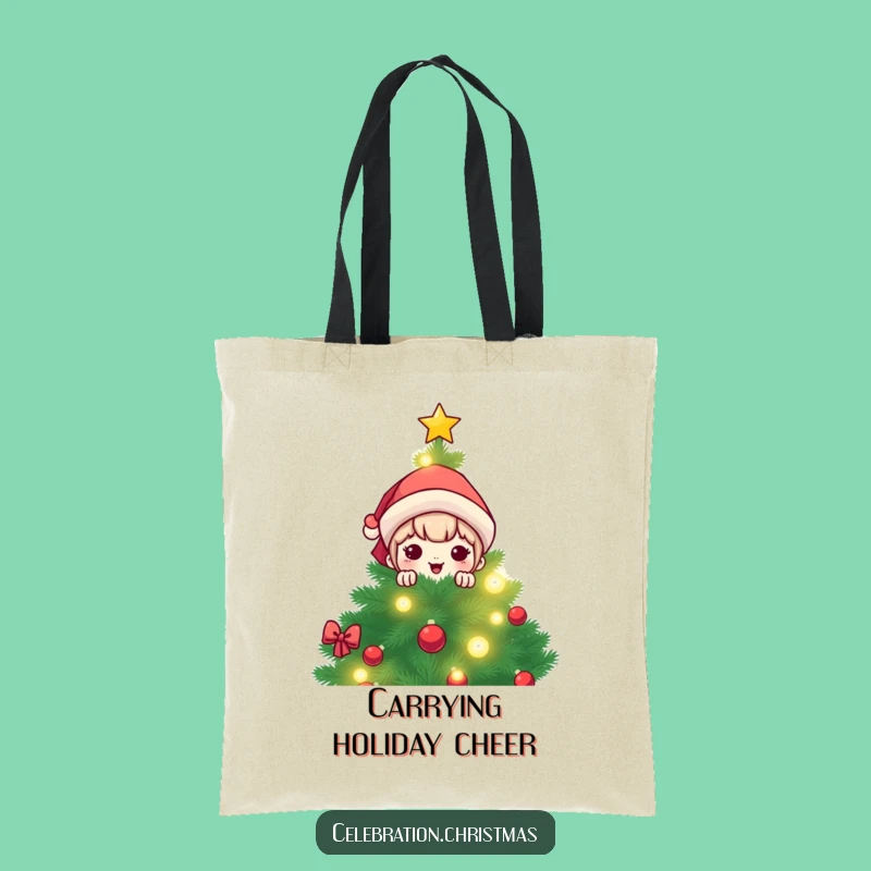 Funny Kawaii Christmas Tree Peek Tote Bag: Carry Your Holiday Spirit with Style