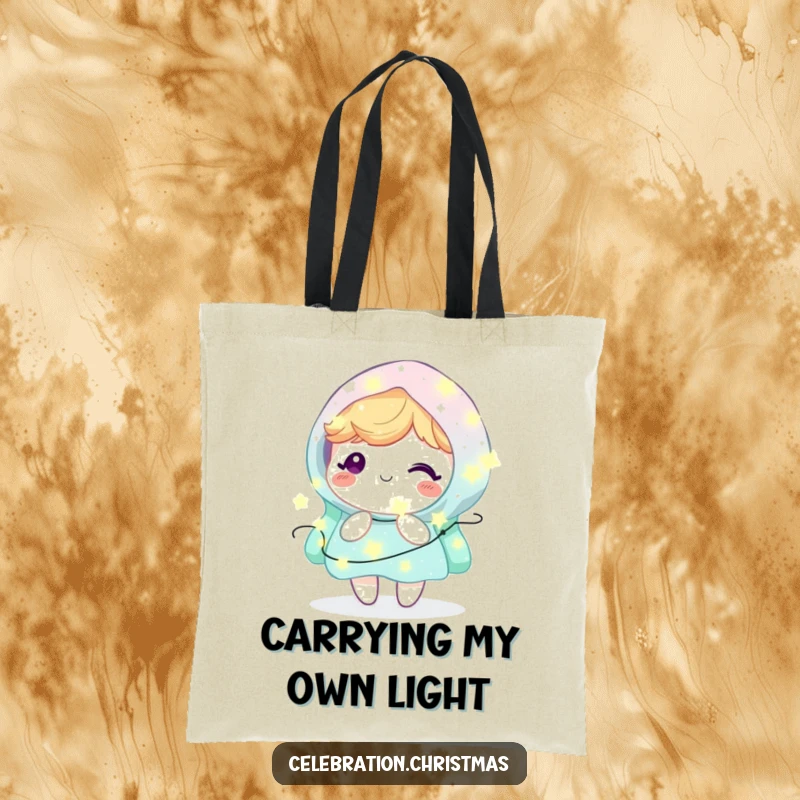 Funny Kawaii Character Tote Bag: A cute character radiates pure delight, wrapped in a magical cluster of twinkling fairy lights.