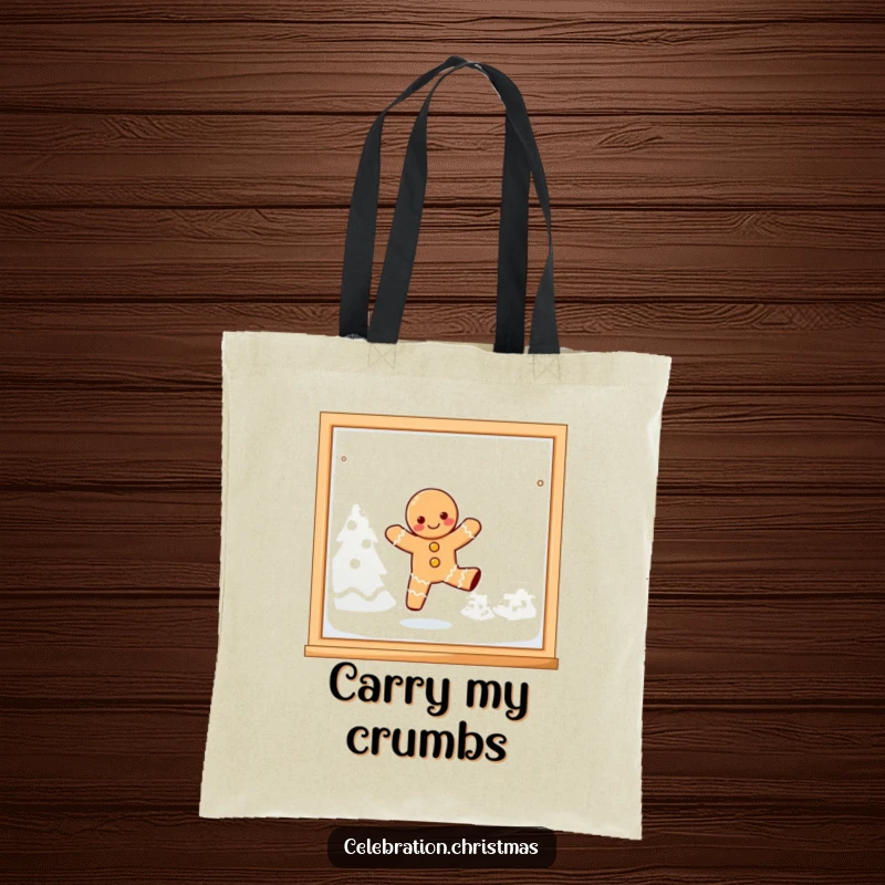 Funny, joyful kawaii gingerbread person playfully dancing on a frosted window pane on a durable tote bag.