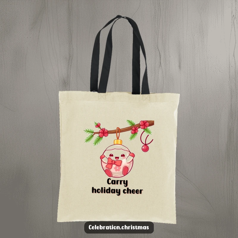 Funny kawaii Christmas ornament tote bag featuring a gleeful character swinging, perfect for carrying holiday items with style.