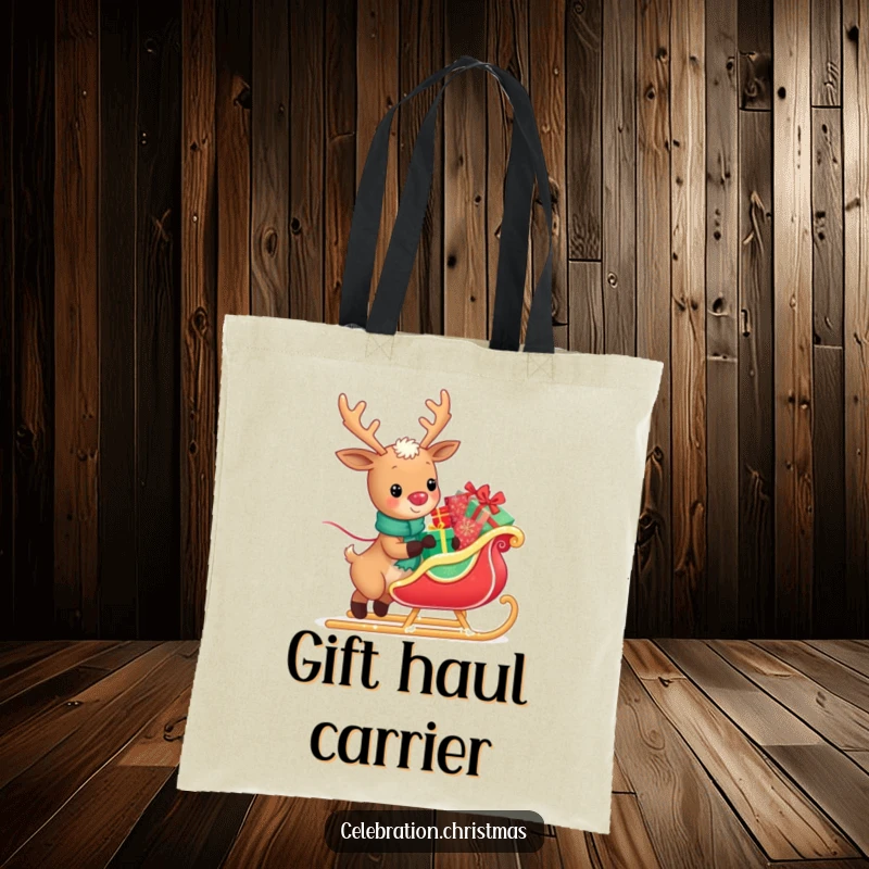 Funny tote bag with a kawaii reindeer happily pulling a sleigh loaded with presents, perfect for carrying gifts with festive humor.