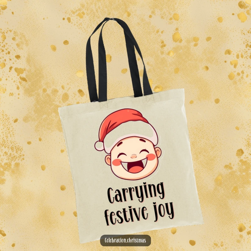 Funny Kawaii Santa Hat Tote Bag: A cute Santa hat character with a huge, joyful grin and rosy cheeks.