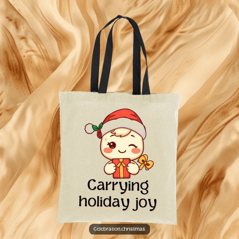 Funny kawaii Santa tote bag with a cute, smiling character in a Santa hat holding a gift, ideal for holiday shopping.