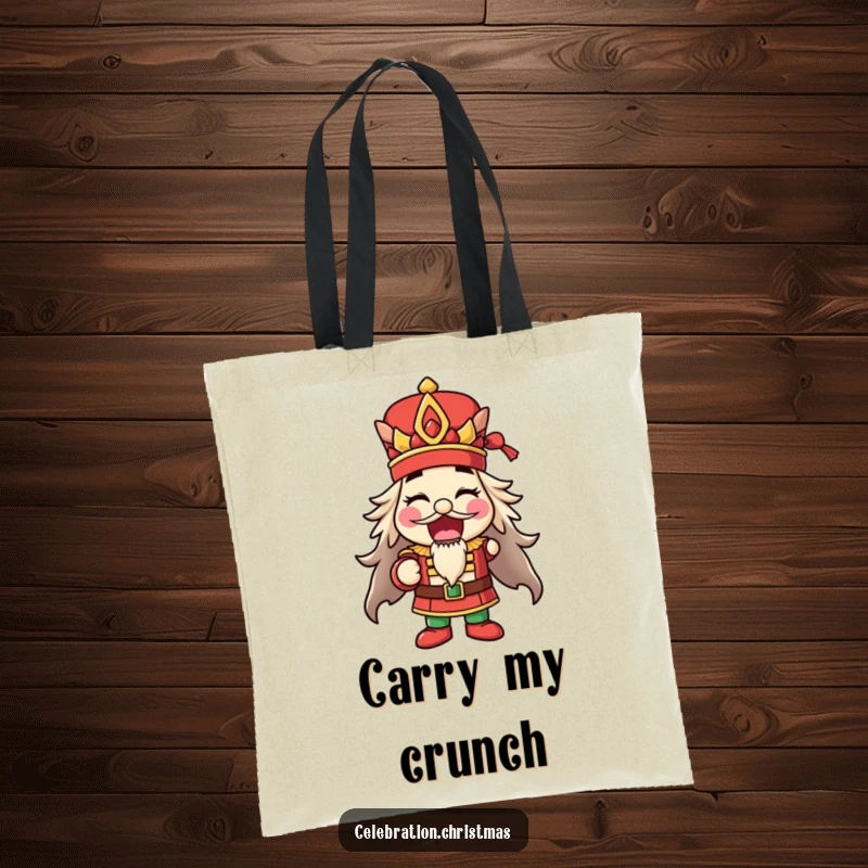 Funny happy nutcracker tote bag striking a pose with mouth open, great for shopping and a funny gift.