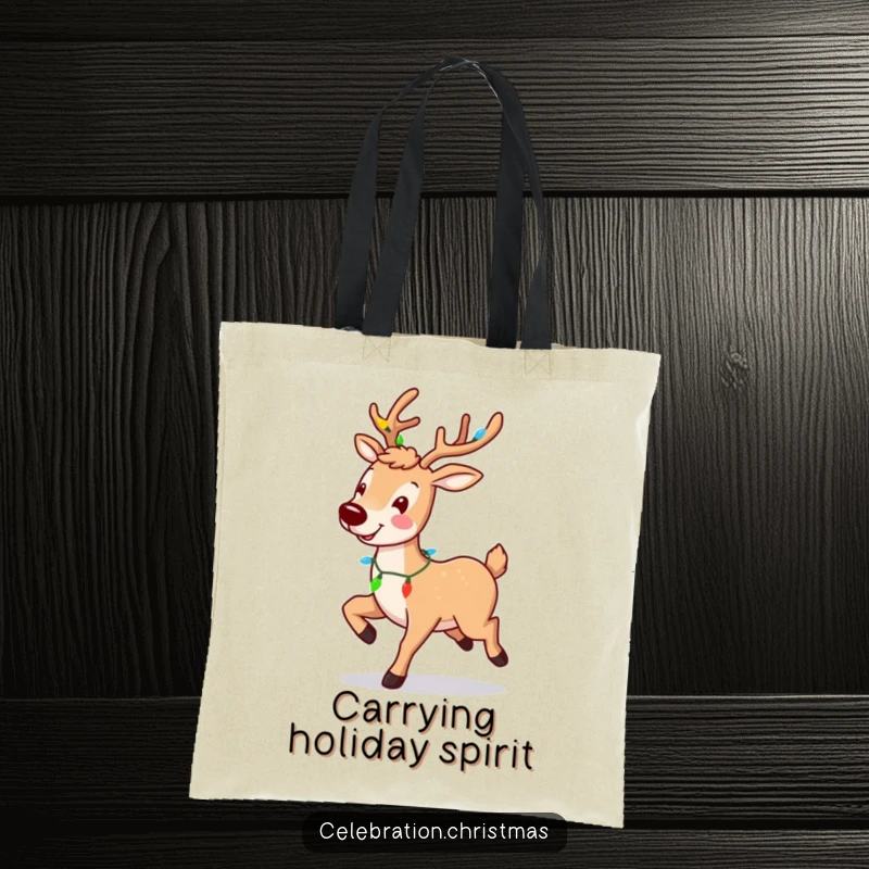 Funny reindeer tote bag featuring a smiling, prancing character with a light garland, perfect for holiday shopping.